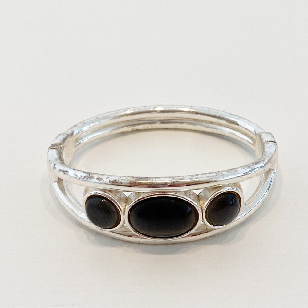 Vintage Silver-Tone Black Stone Cuff Bangle Bracelet
